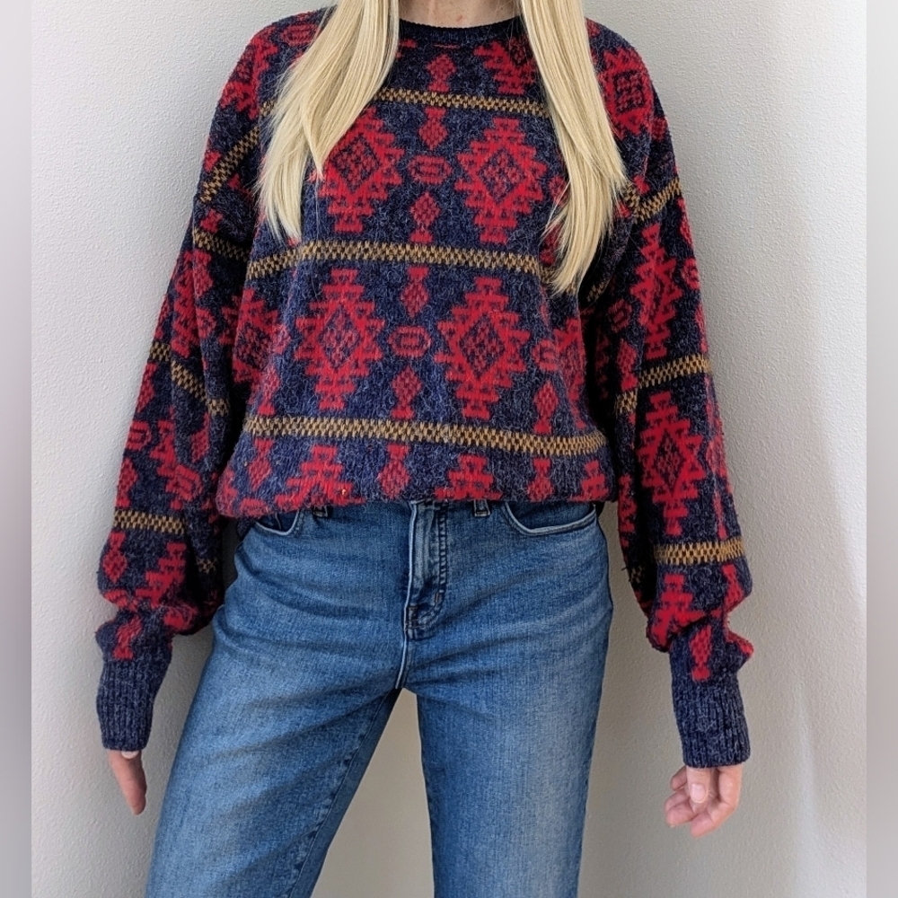 Vintage 90's Abstract Geometric Textured Crewneck Sweater In Navy Blue/Magenta